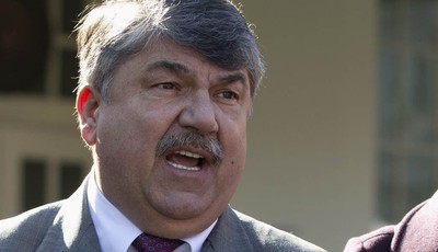 
              FILE - This Nov. 13, 2012 file photo shows AFL-CIO President Richard Trumka speaking to reporters outside the White House in Washington. The nation